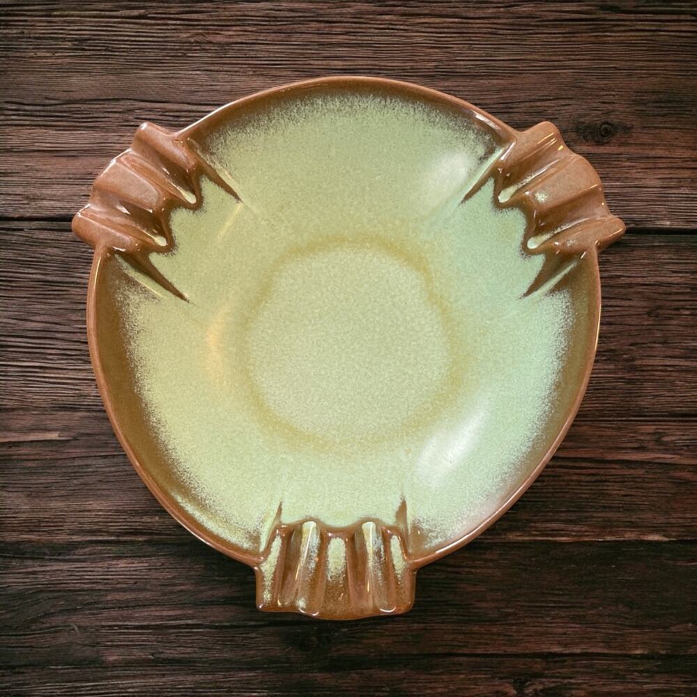 Frankoma Pottery Ashtray Retro Prairie Green Brown Orange 1950's Ceramic #458